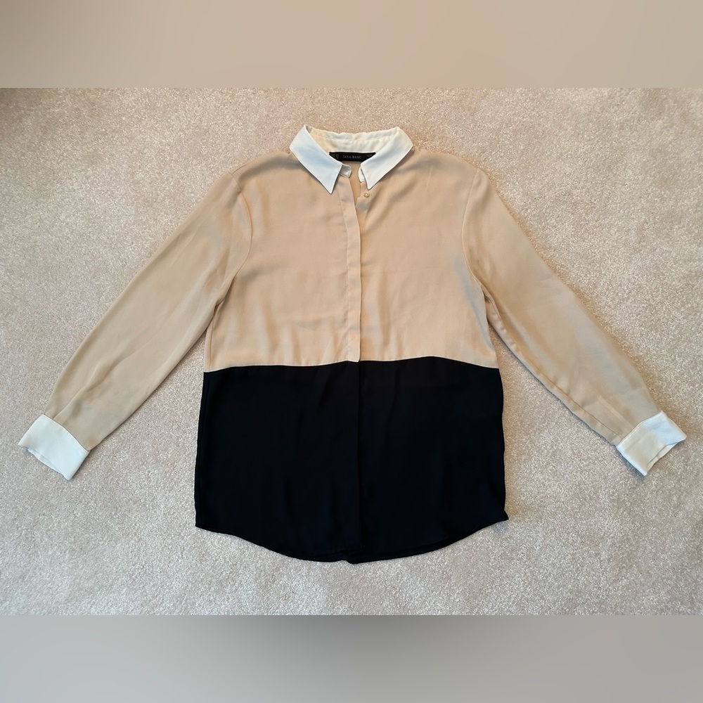 Zara Basic - Dress Shirt Blouse, Black/Beige